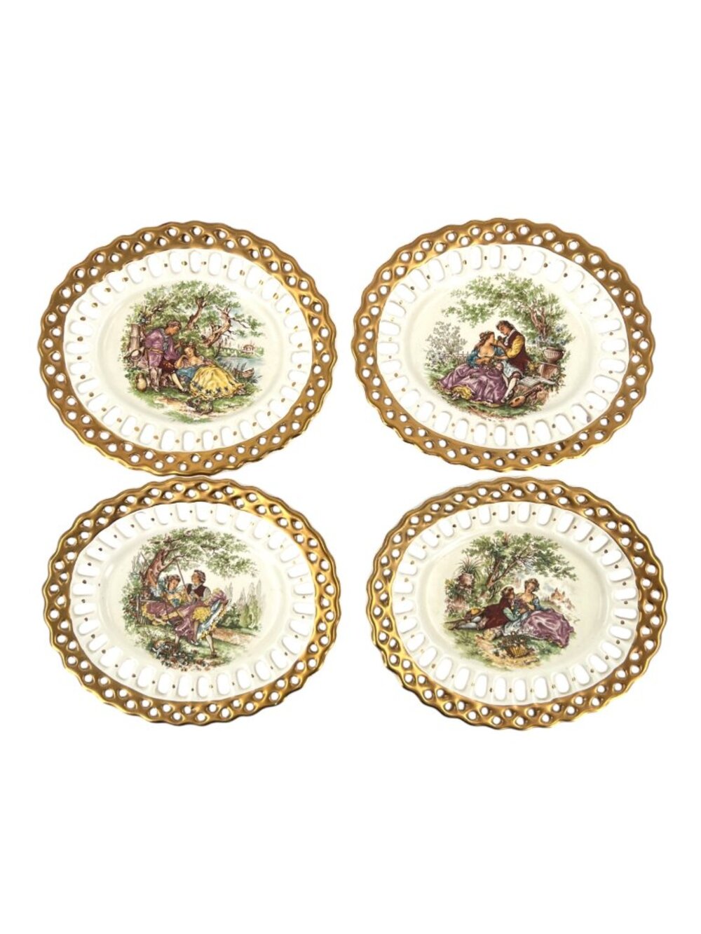 Set Of 4 Antique Reticulated Porcelain Plates Romantic Scenes Gold Edge